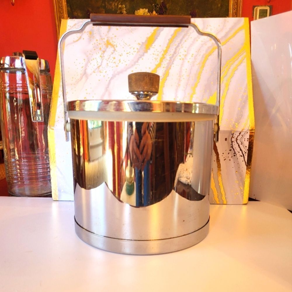 Vintage Pristine Atapco Shiny Chrome Wood Handle/Top Ice Bucket USA '60s